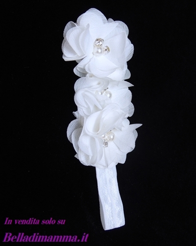 Fascia Capelli Neonata Battesimo bianca con fiori in chiffon