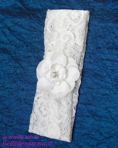 Fascia Capelli Neonata Battesimo bianca in pizzo larga con fiore