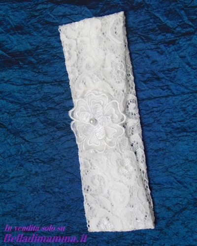Fascia Testa Neonata Battesimo bianca in pizzo larga con fiore