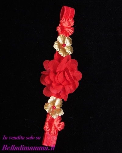 Fascia Capelli Neonata Elegante con fiori rossi e dorati