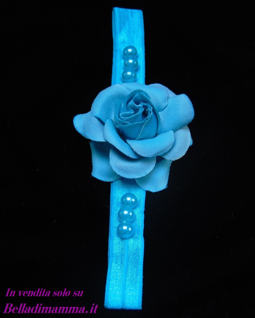 Fascia Capelli Neonata Elegante Blu con fiore e perline